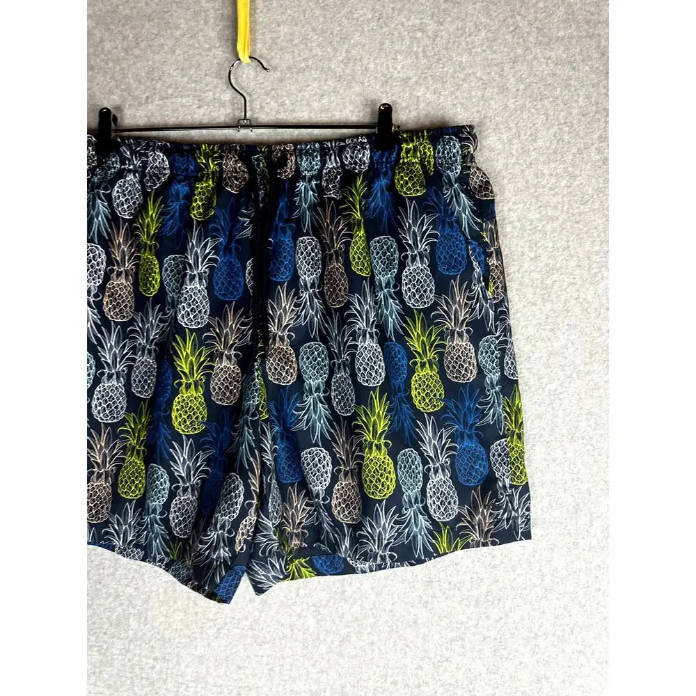 DSG Mens Sz 2XL Swim Trunks Lined Blue Pineapple Fruit Pockets Elastic Waist